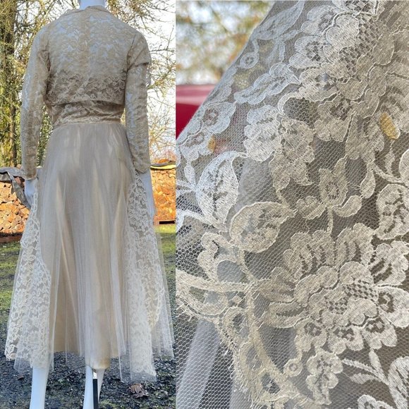 Vintage 1950’s Champagne Tulle Wedding Dress Shelf Bust Lace Bolero XXS - Picture 4 of 7